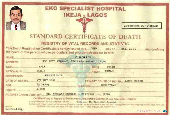 Download Nigeria Eko specialist hospital death certificate Photoshop template